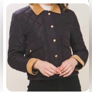 Love Tree Black and Tan Quilted Barn Jacket with corduroy trim.